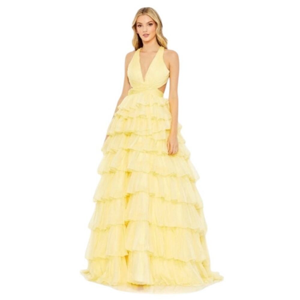 Mac Duggal Lemon Yellow Chiffon Layered Cut Out Prom Maxi Ballgown Size 12 67988